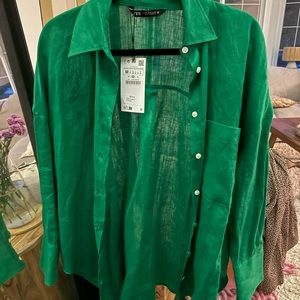 Zara - green linen button up shirt